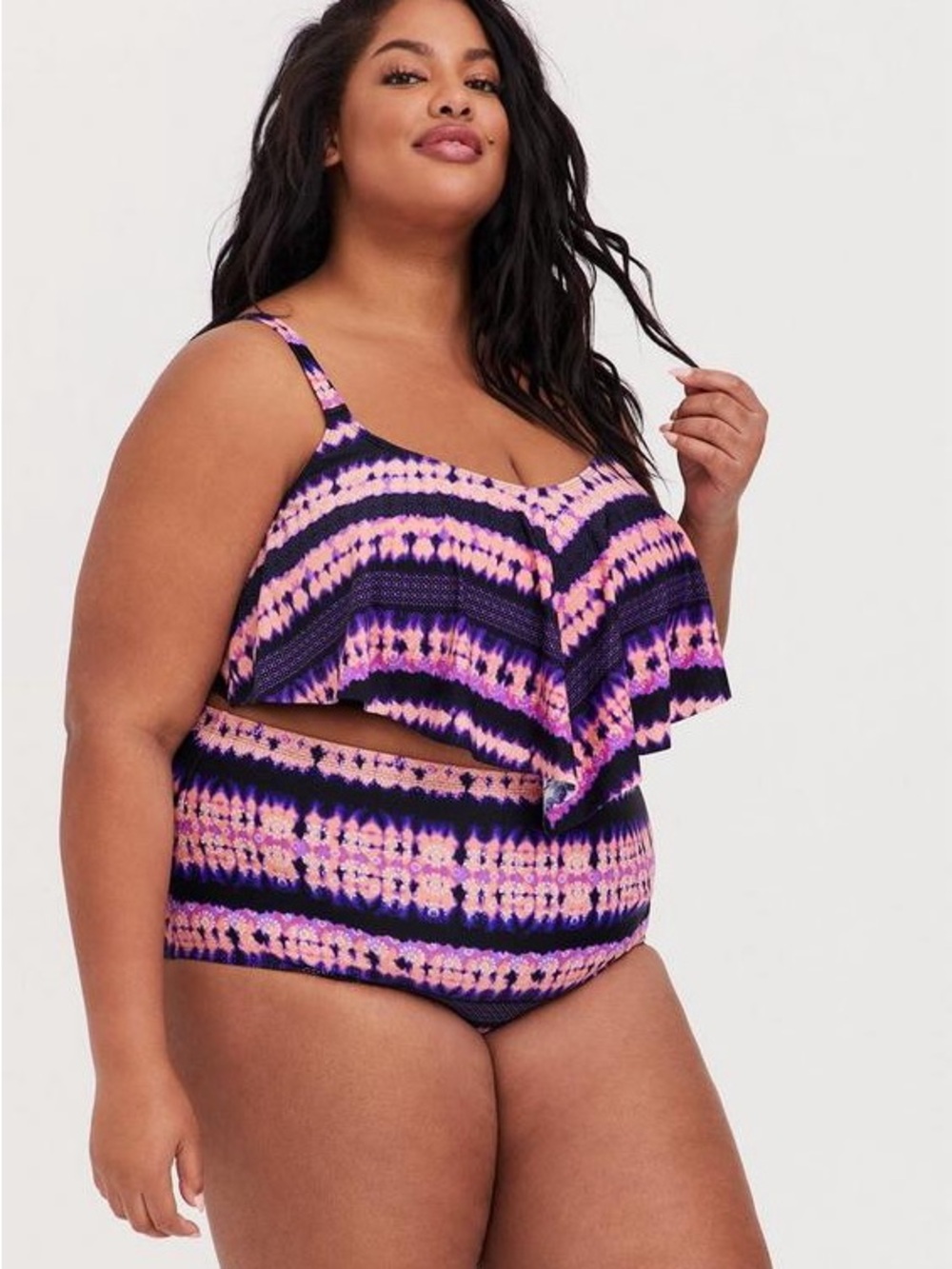 Torrid Wireless Flounce Bikini Top and Matching Bottoms Pink Purple Tie Dye Set